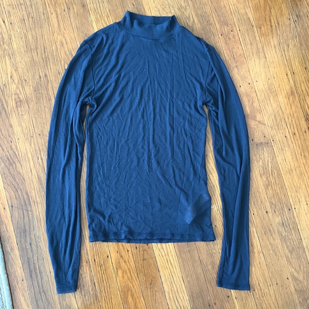 Top shop, sheer, high neck long sleeve shirt in color, navy blue